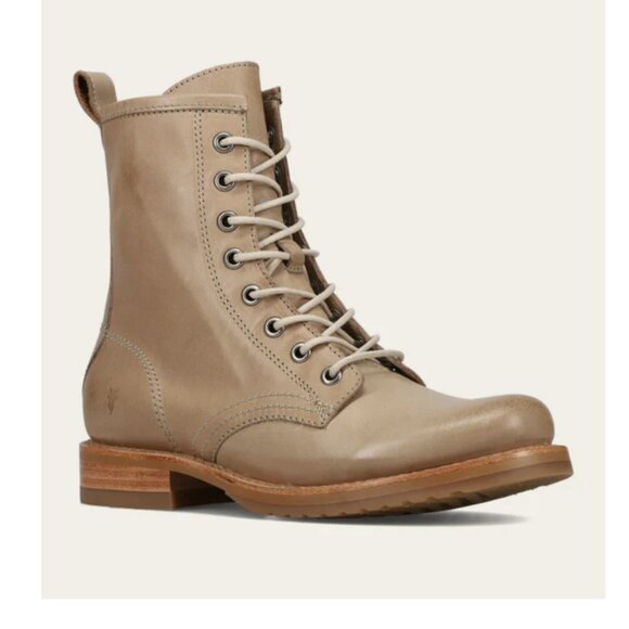 $399 Frye Veronica Combat Real Tan Ash Leather Lace Up Moto Comfy Low Heel Boot - Picture 1 of 14